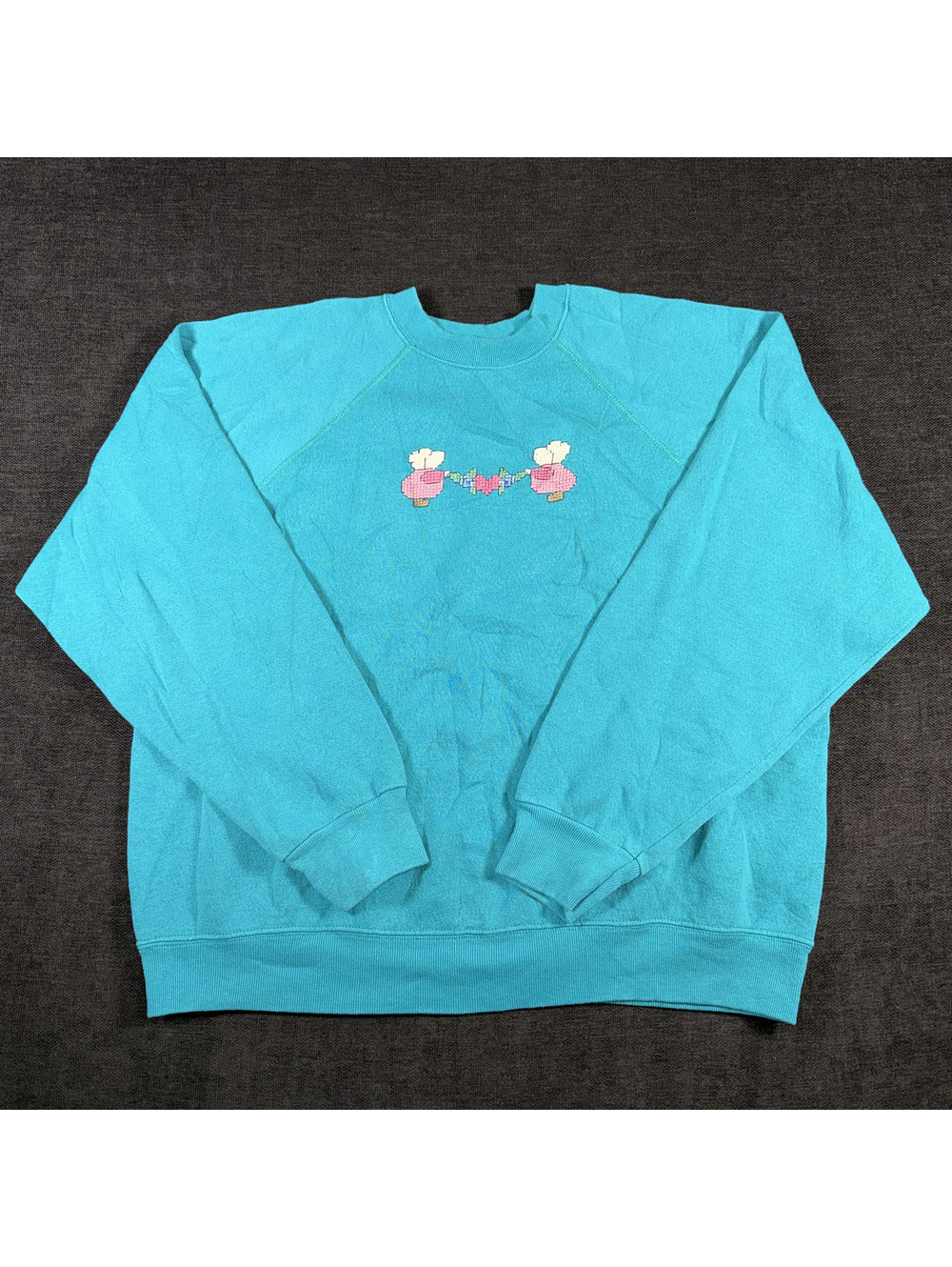 Sweet 'n Appeal Vintage Turquoise Crewneck Sweatshirt with Cross Stitch Design,L